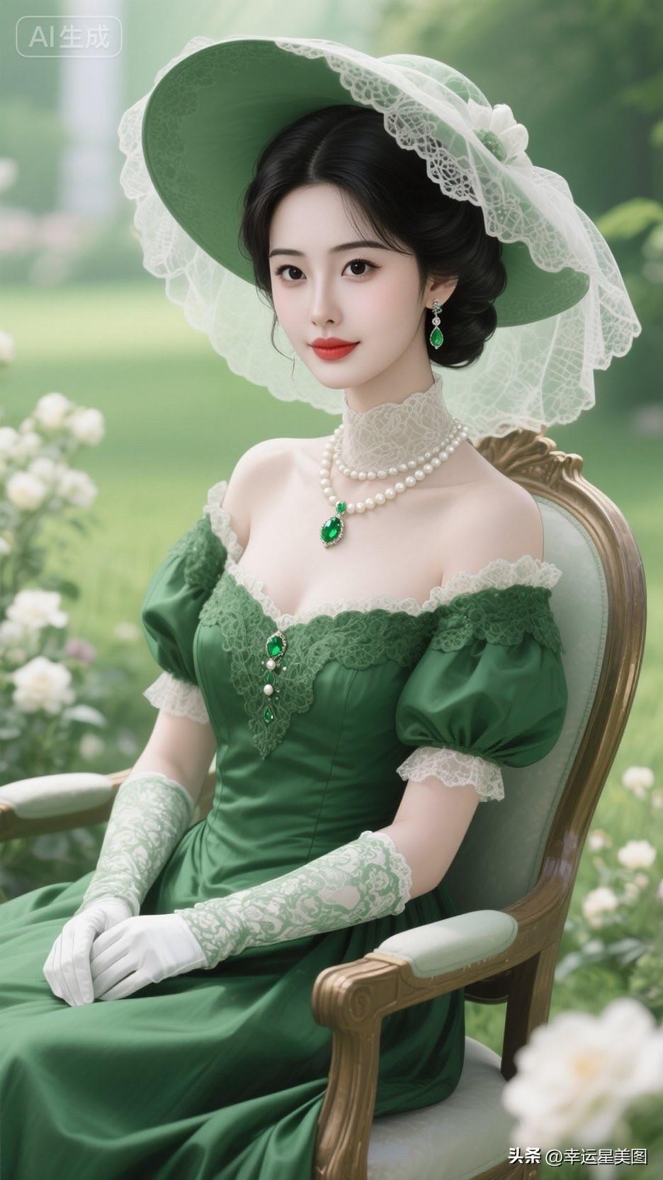 这位女士穿着优雅的绿色礼服，坐在椅子上。