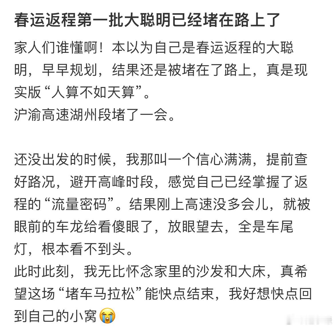 春运返程第一批大聪明已经堵在路上了 