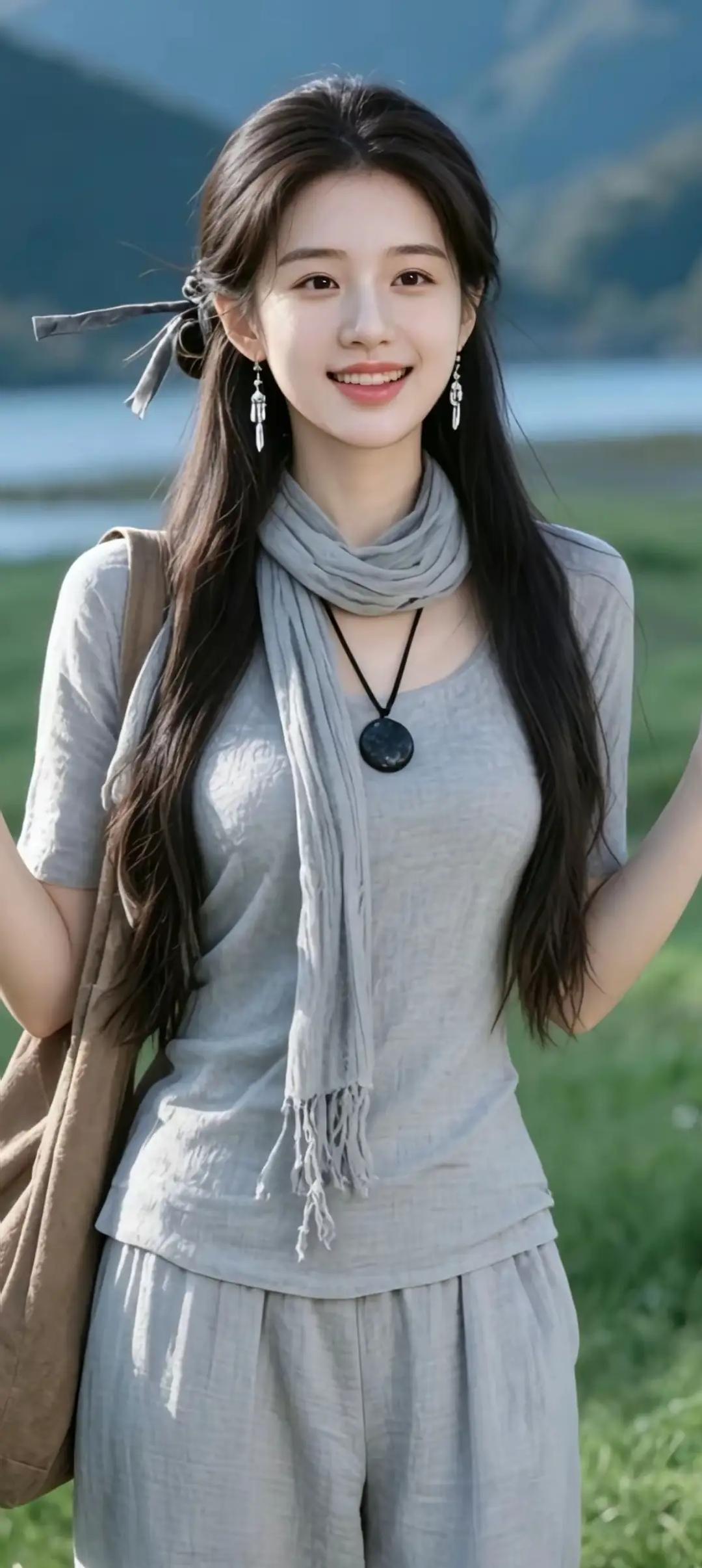 元气少女在湖边漫步，笑容甜美，自然清新