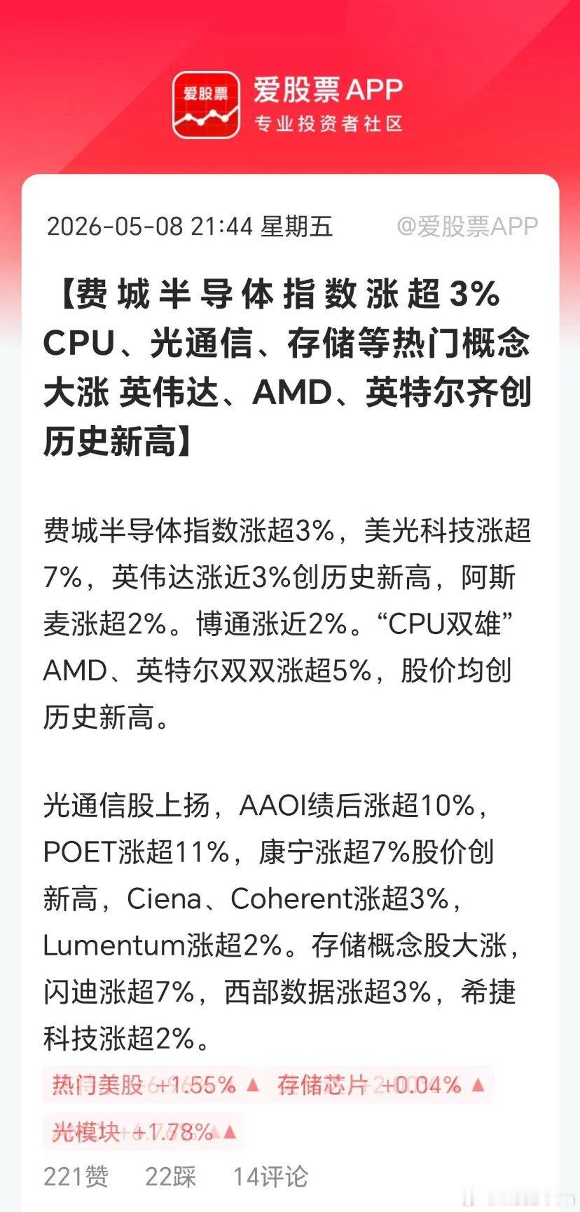 今晚美股科技股又疯了，英伟达涨+2%再创新高，市值5.25万亿美元。存储芯片的美