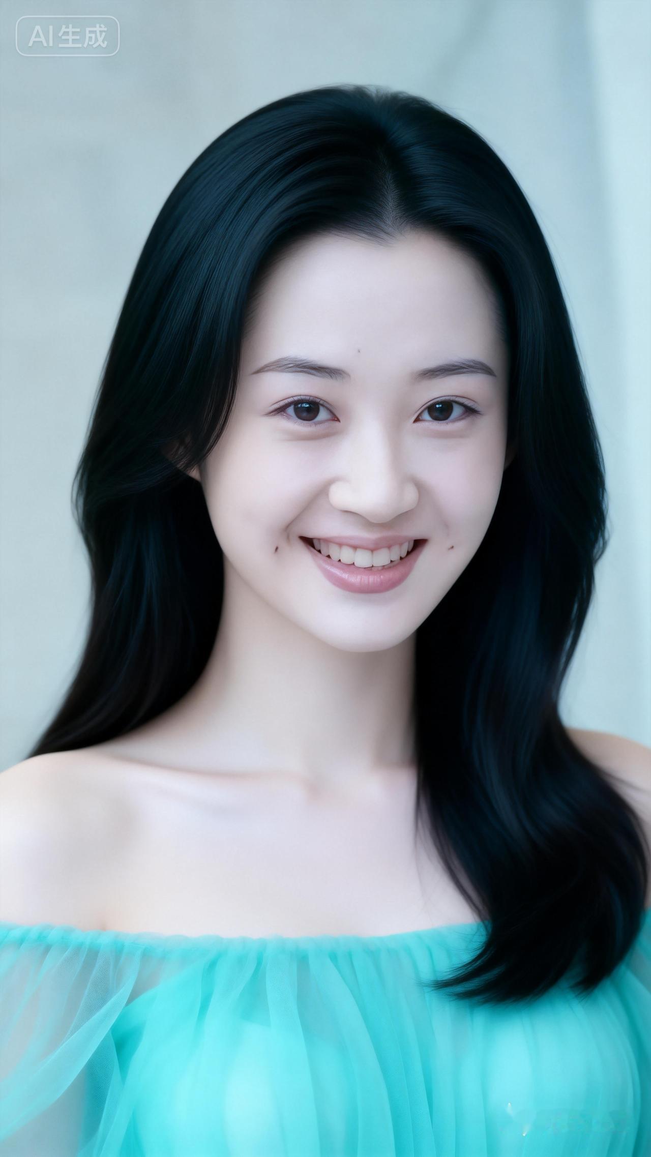 甜美笑容，清新蓝裙，元气满满的一天！🌞💙😊