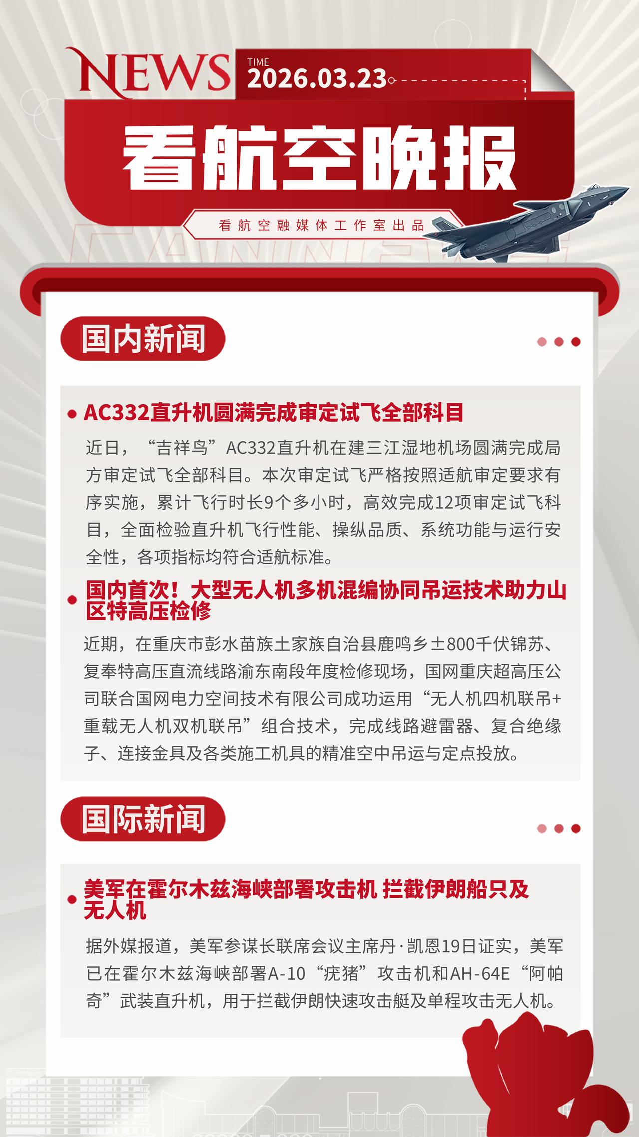 3.23晚报
AC332直升机圆满完成审定试飞全部科目
国内首次！大型无人机多机