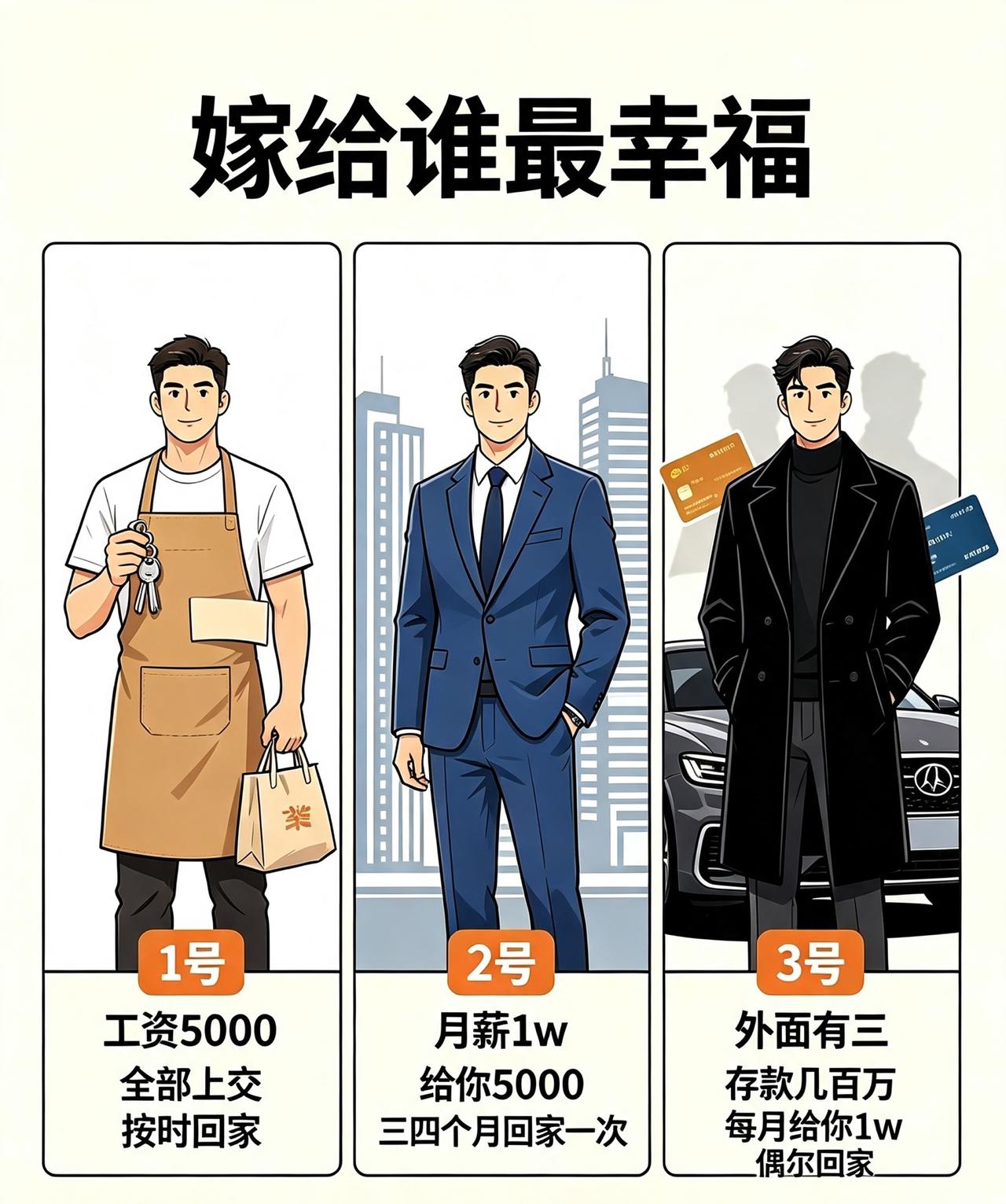 嫁给谁最幸福？这问题就像开盲盒。要是我选，我不选多金的霸道总裁，也不选浪漫的文艺