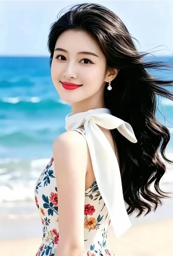 夏风习习艳阳照，
海鸥欢歌波浪高。
佳丽漫步大海边，
心旷神怡乐淘淘。
