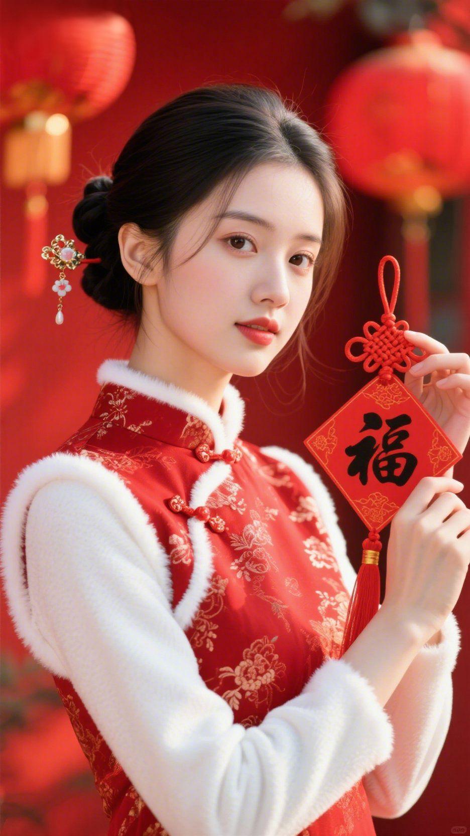 红妆里的岁末福
 
灯笼的暖红漫开时，她指尖的“福”字也沾了温软。
 
红襟金纹