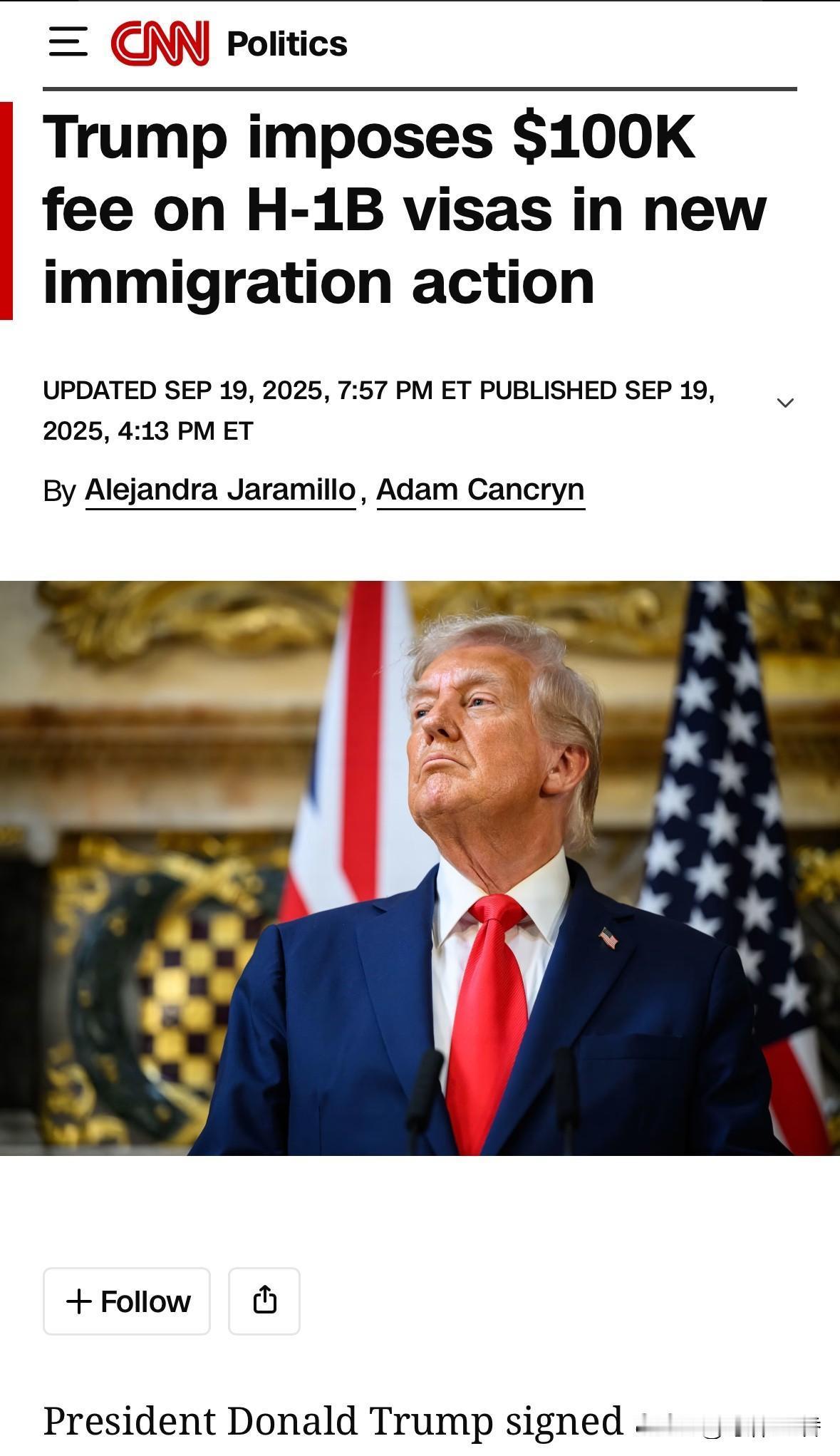 川普是穷疯了啊。周五，他签署一项行政法规，对美新的移民行动中对H-1B签证征收1