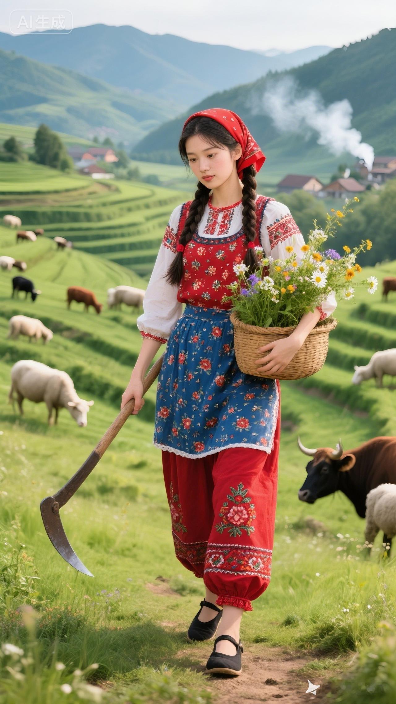 田园牧歌：少女与牛羊共舞，花篮与锄头相伴！