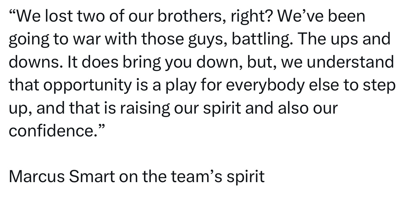 斯马特谈到球队精神时说：“我们失去了两位兄弟，对吧？我们一直在和那些家伙战斗、拼