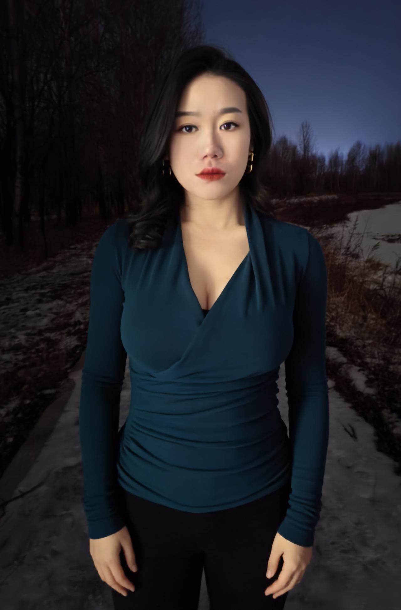 寒林凝暮色，翠袖映霜天。
静立幽径上，风华落眉间。