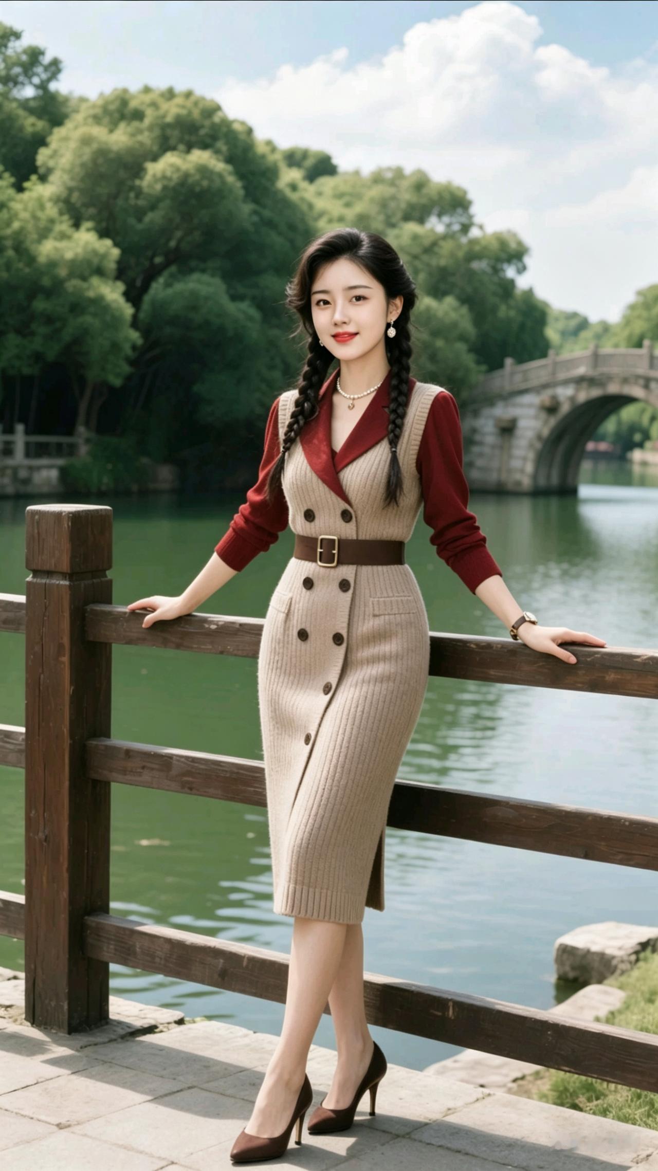 湖畔双辫少女，针织套装温柔又飒，古桥为景，笑容如春日暖阳般治愈。