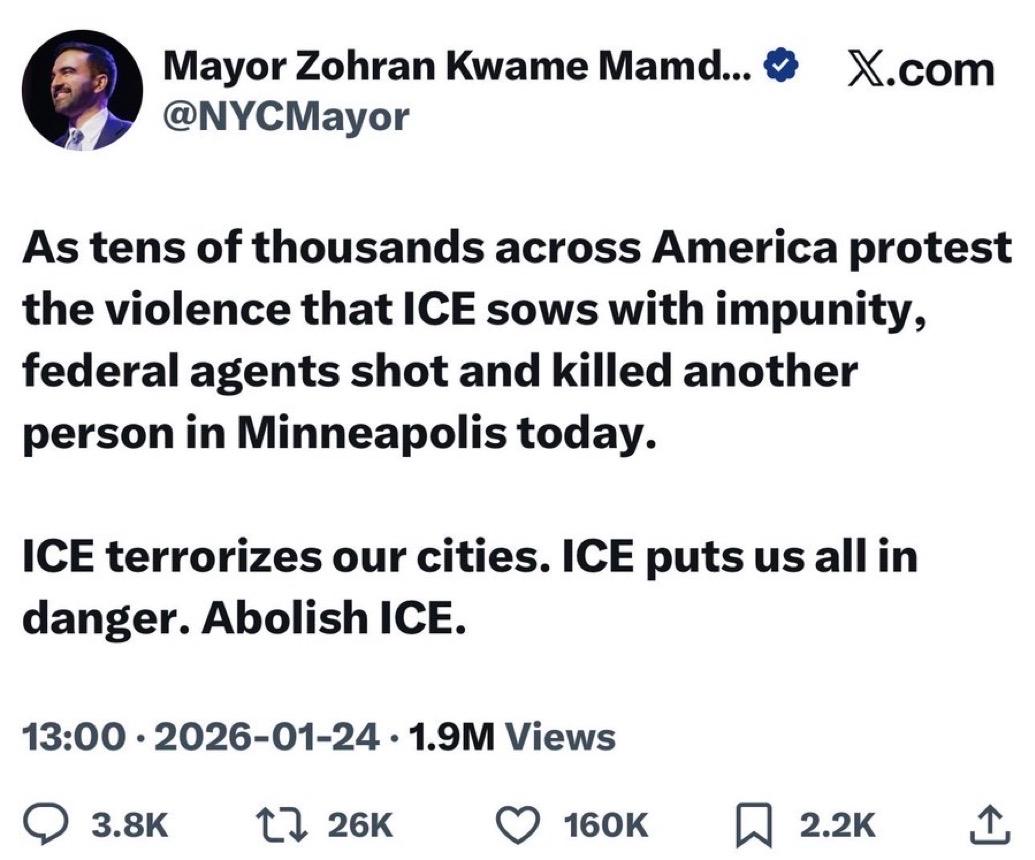 在美国联邦移民特工在明尼阿波利斯又当街枪杀一名美国公民后，纽约市市长佐兰.曼达尼