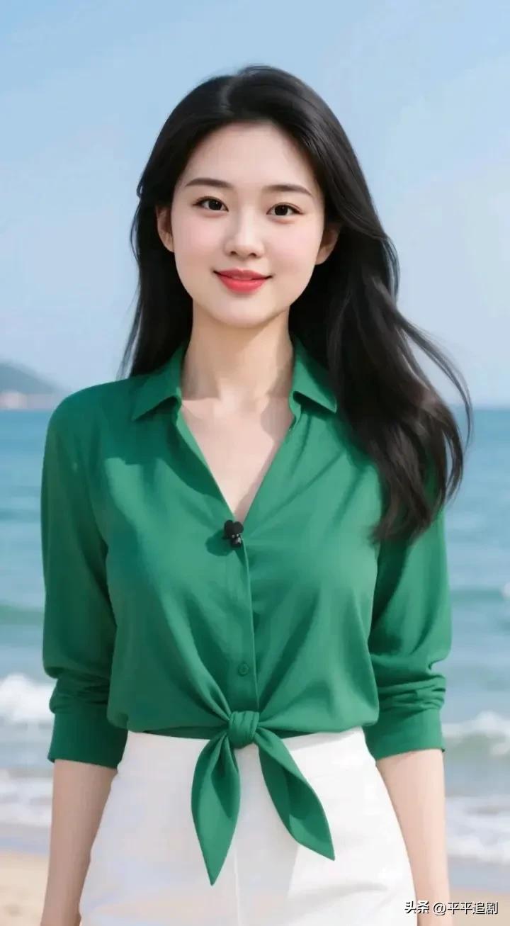 海风漫过衣角，绿衫轻扬，把整个夏天的清新都穿在了身上。
清蓝长裙 清凉系美人