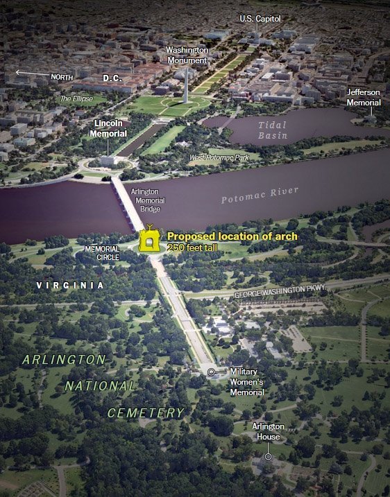 【#特朗普计划建造76米巨型凯旋门#】美国总统特朗普去年曾宣布，他打算在美国首都