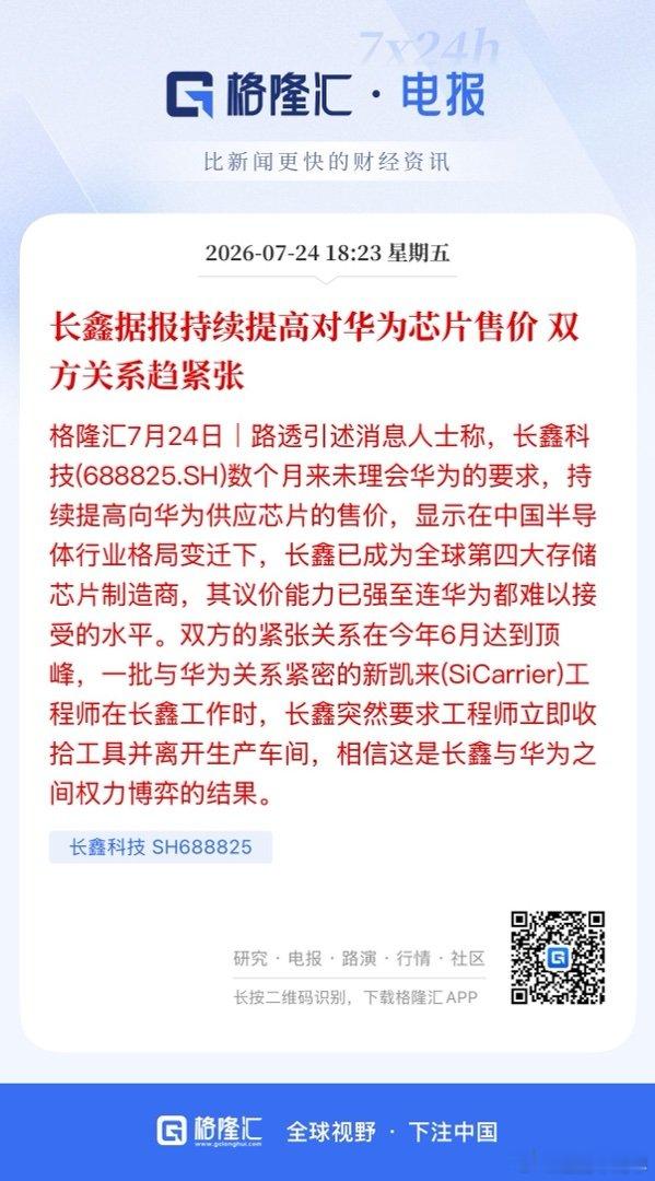 长鑫据报持续提高对华为芯片售价 双方关系趋紧张 