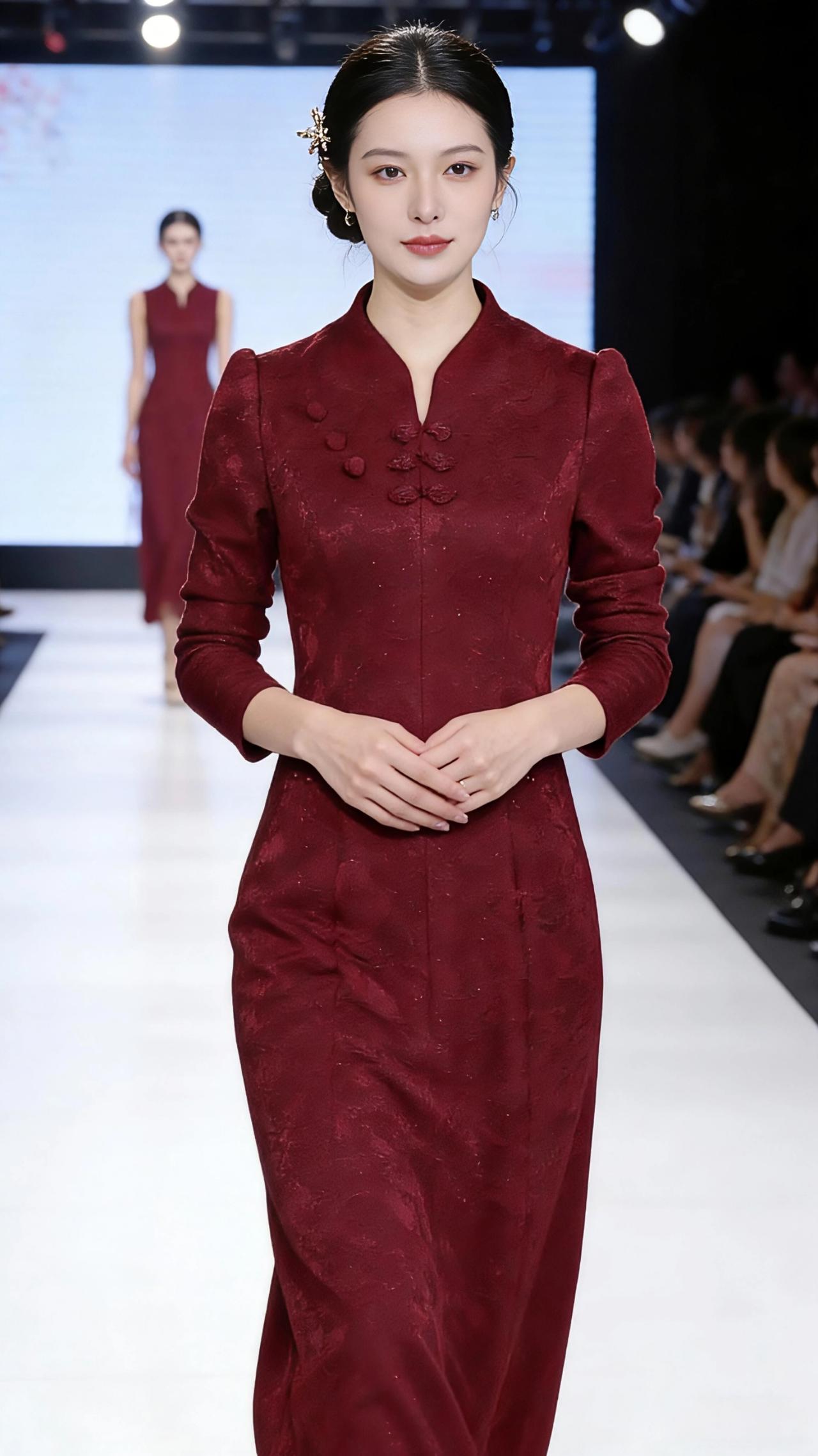 红绸步香阶
 
酒红的裙裾如凝结的赤霞，在T台的白光里漾开柔缓的弧。模特踩着细跟