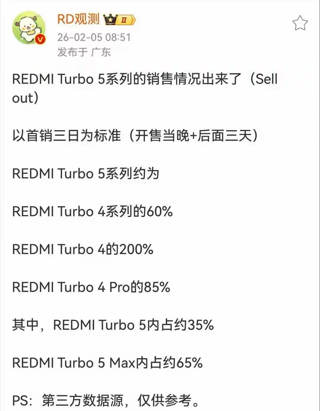 打脸了！官方说红米Turbo5 Max是破纪录的销量冠军，某数码博主的数据红米T