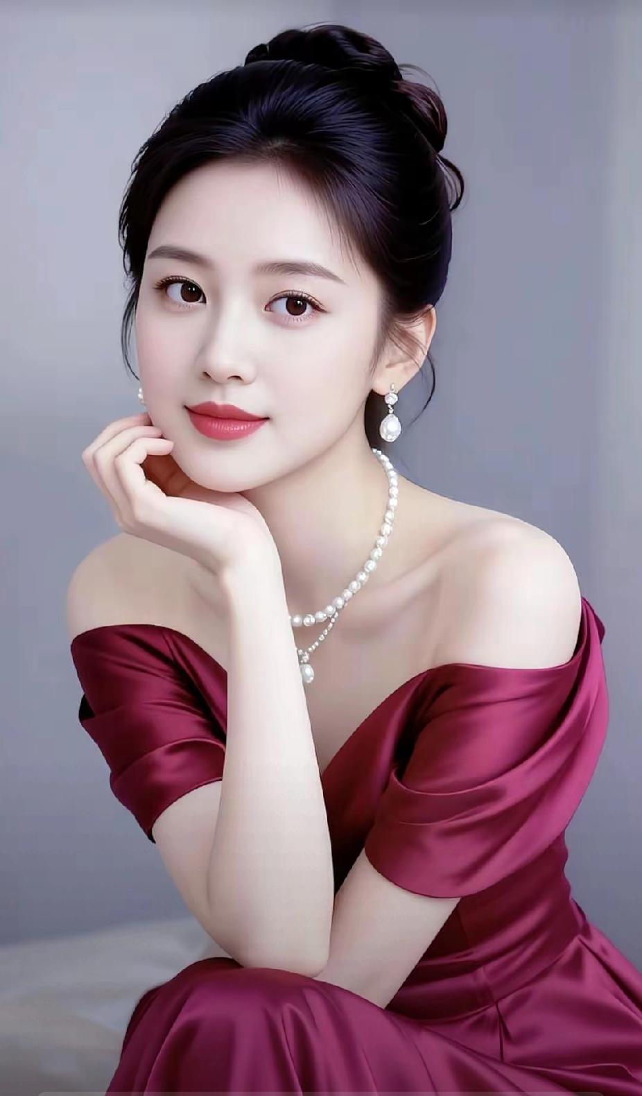 优雅红裙，珍珠闪耀，气质女神