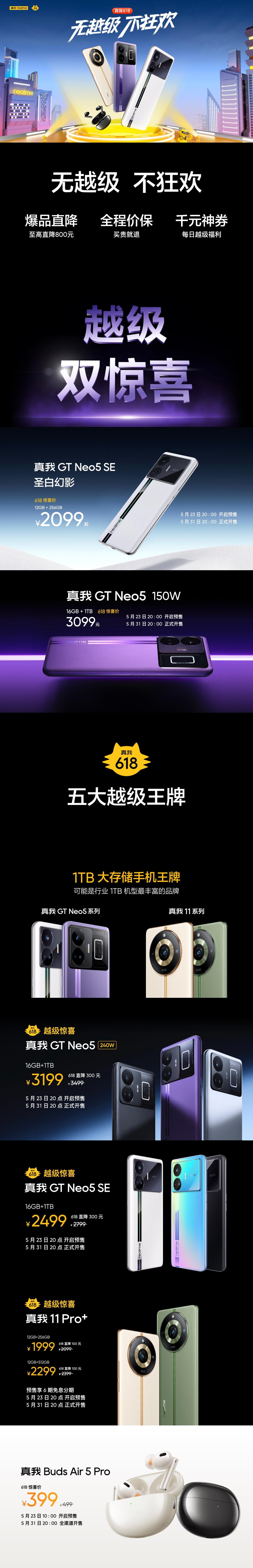真我618诚意满满，今晚8点，五大王牌全面开启预售！全程价保买贵就退！
“1TB