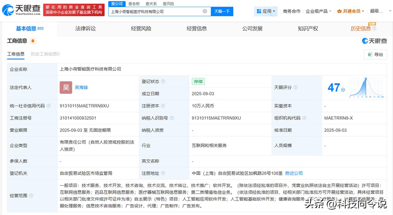 【抖音在上海成立小荷智能医疗科技公司】
天眼查App显示，近日，上海小荷智能医疗