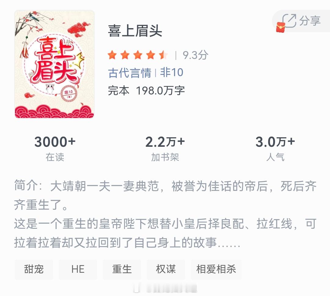 《喜上眉头》作者：非10大靖朝一夫一妻典范，被誉为佳话的帝后，死后齐齐重生了。这