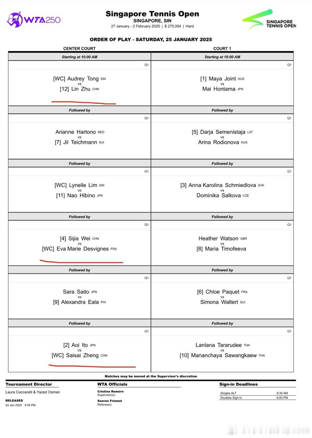 【WTA250】🇸🇬新加坡站赛程安排第一场⏰10:00[12]🇨🇳朱琳v