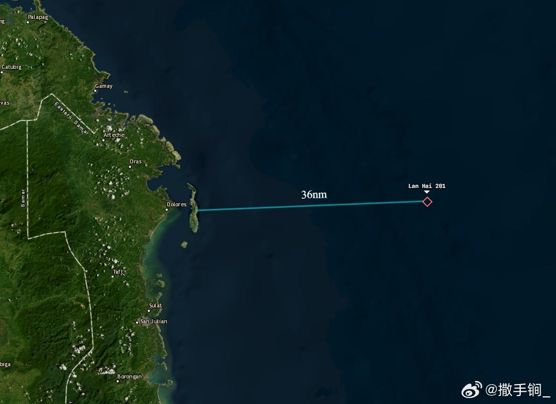 “蓝海201”渔业资源科考船继续南下，在菲律宾萨马岛以东海域作业，距海岸仅36海