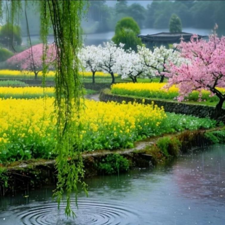 赏春色：春花春色春景
看图说话：
春花绚丽似锦
春色霓霞靓丽
春景这边独好
春光