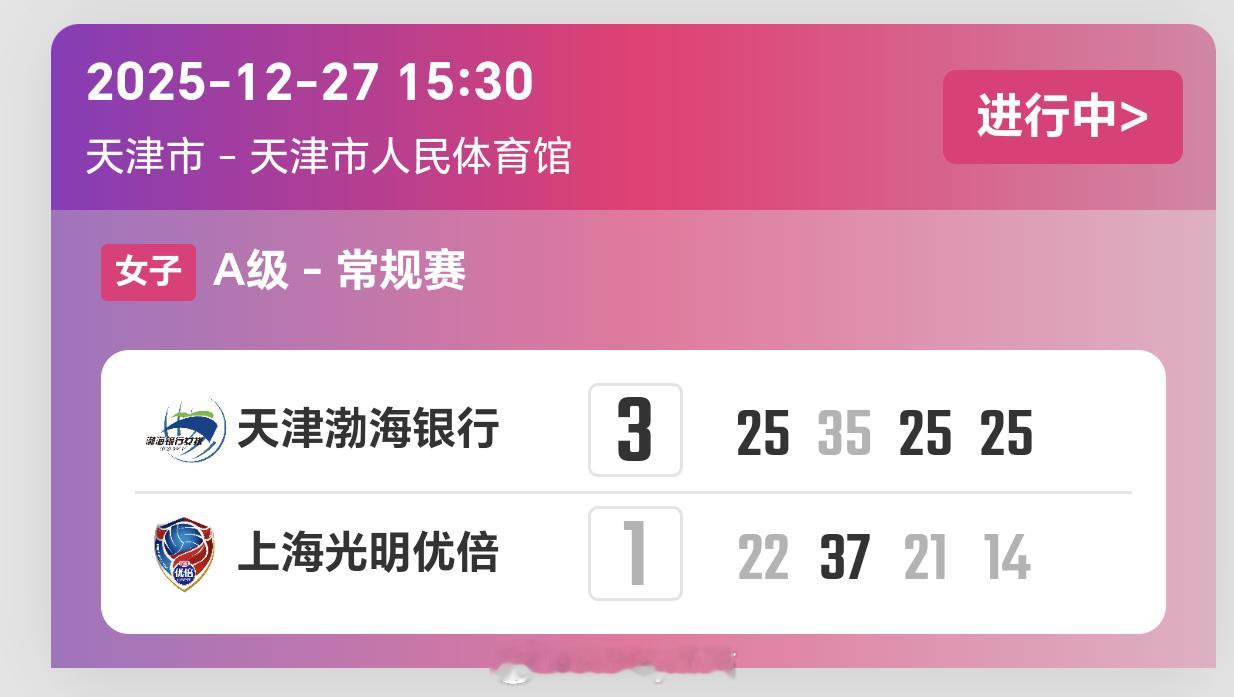 2025-2026赛季中国女子排球超级联赛第5轮，天津女排3比1上海女排（25-