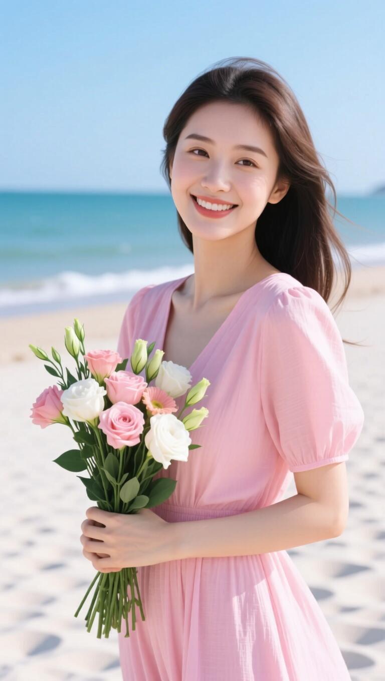 海边漫步，手持花束，微笑如花，幸福满满！🌊💐😊