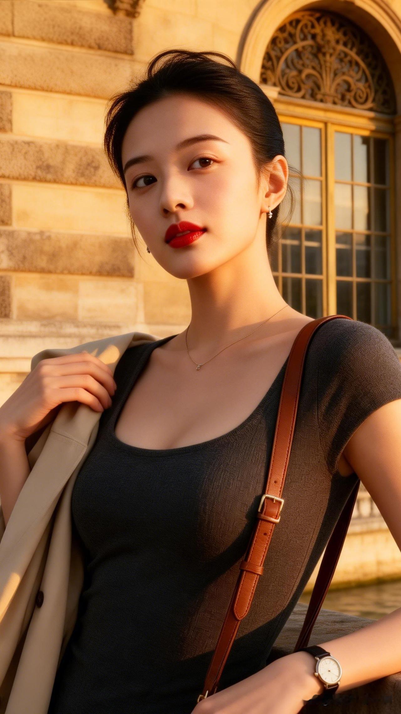 优雅红唇，复古风穿搭，都市女性魅力