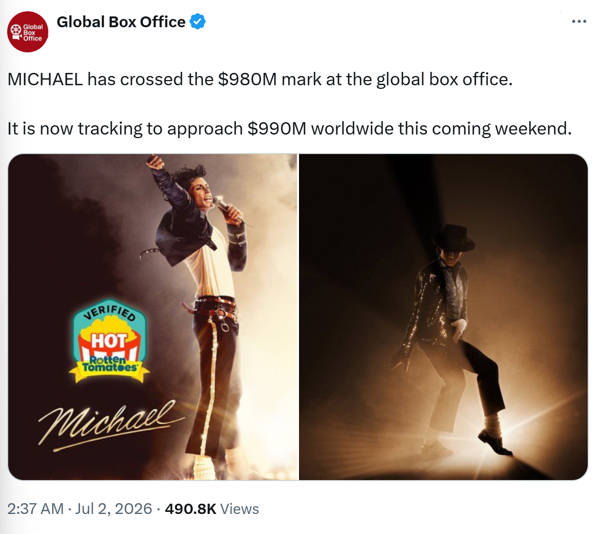 迈克尔杰克逊 10亿我们来了！MJ传记片已破9.8亿美元迈克尔杰克逊传记大片电影