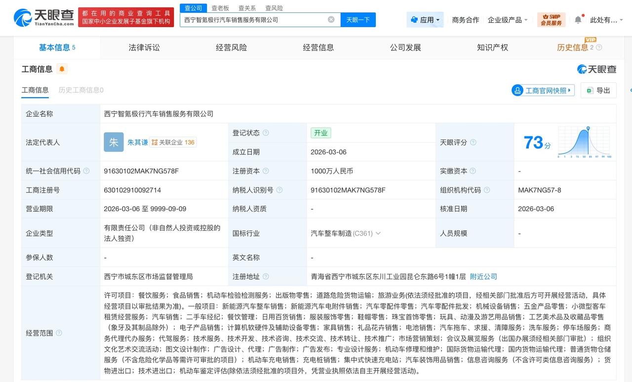 极氪汽车在西宁成立销售服务公司 注册资本1000万

天眼查工商信息显示，近日，