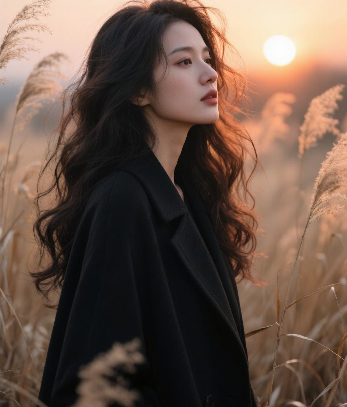 上联：黑衫立野栖芦影
下联：卷发承霞曳晚光