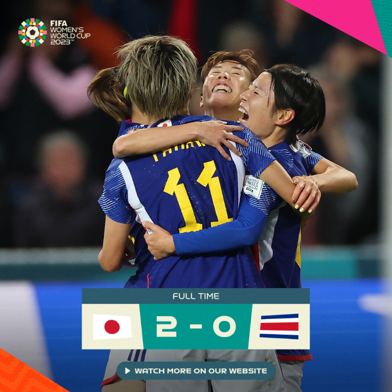 【#日本女足2比0哥斯达黎加女足#】女足世界杯C组第二轮，日本2-0击败哥斯达黎