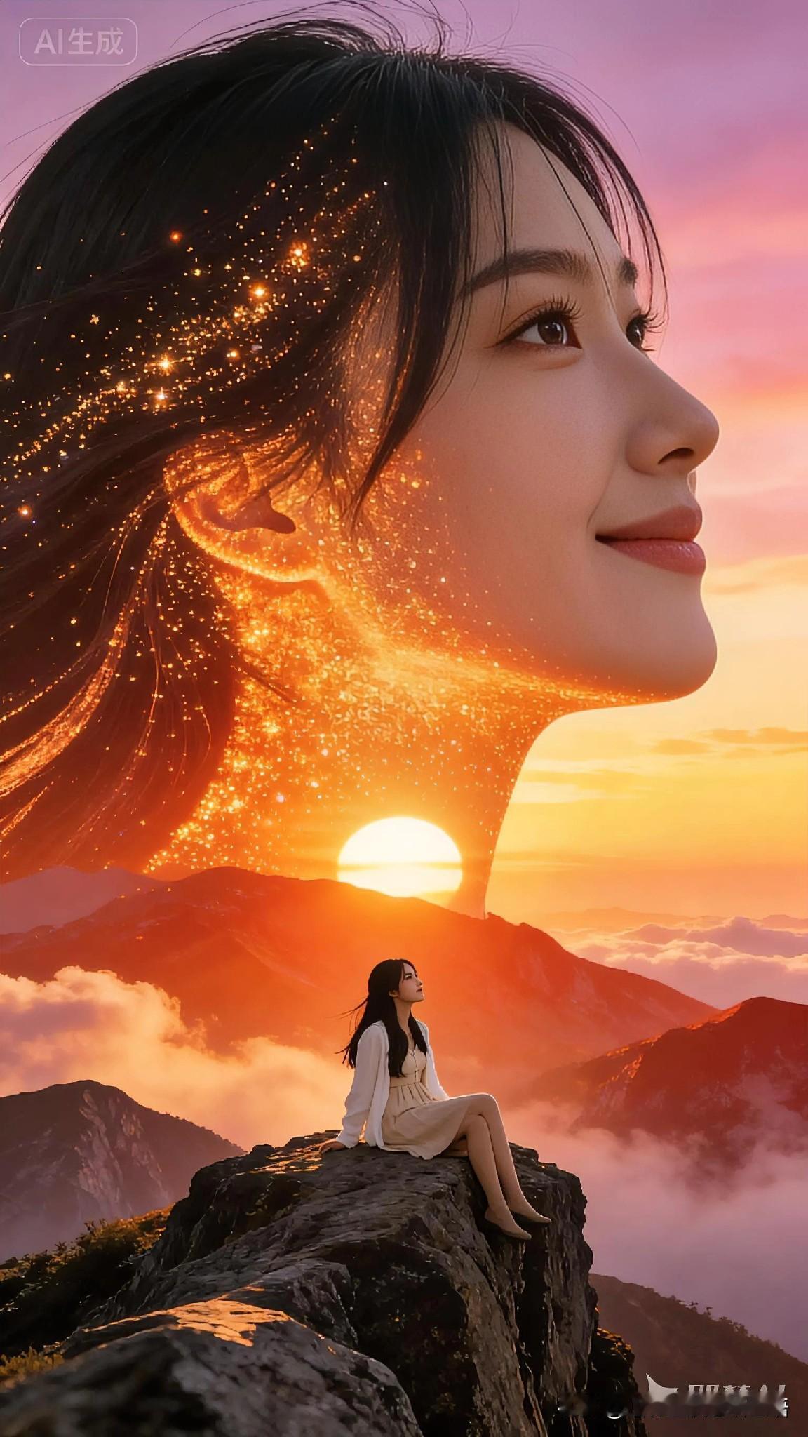 落日吻过山巅，她的凝望里，是对生活的热爱与期待。