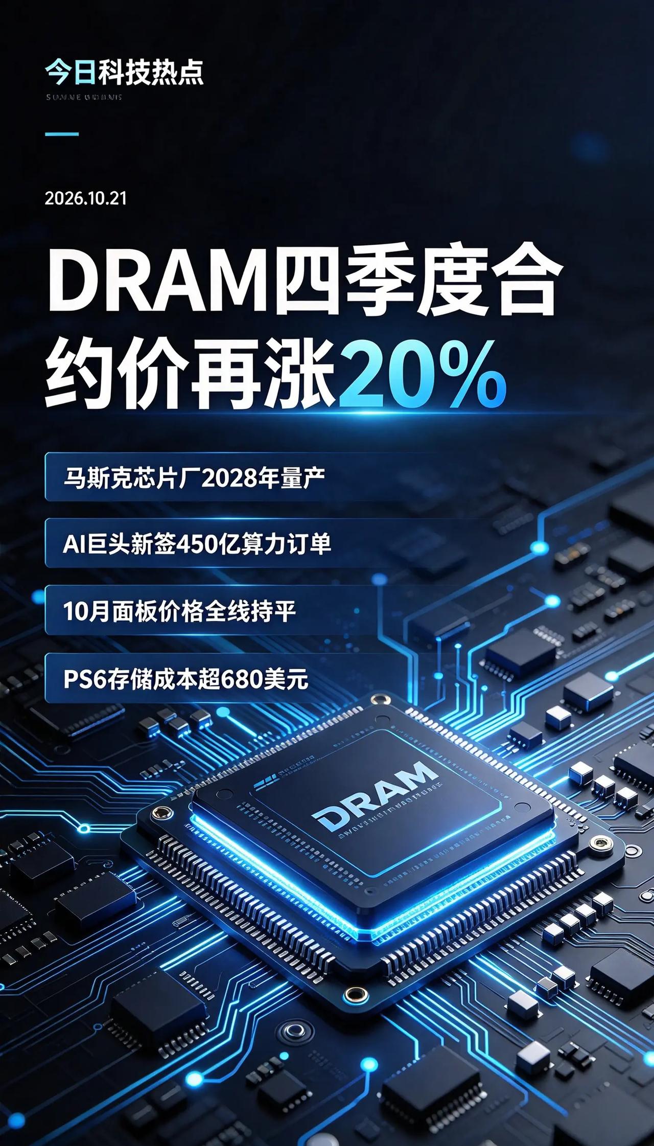 10月21日电子圈热点速递。DRAM四季度合约价再涨20%，马斯克芯片厂2028