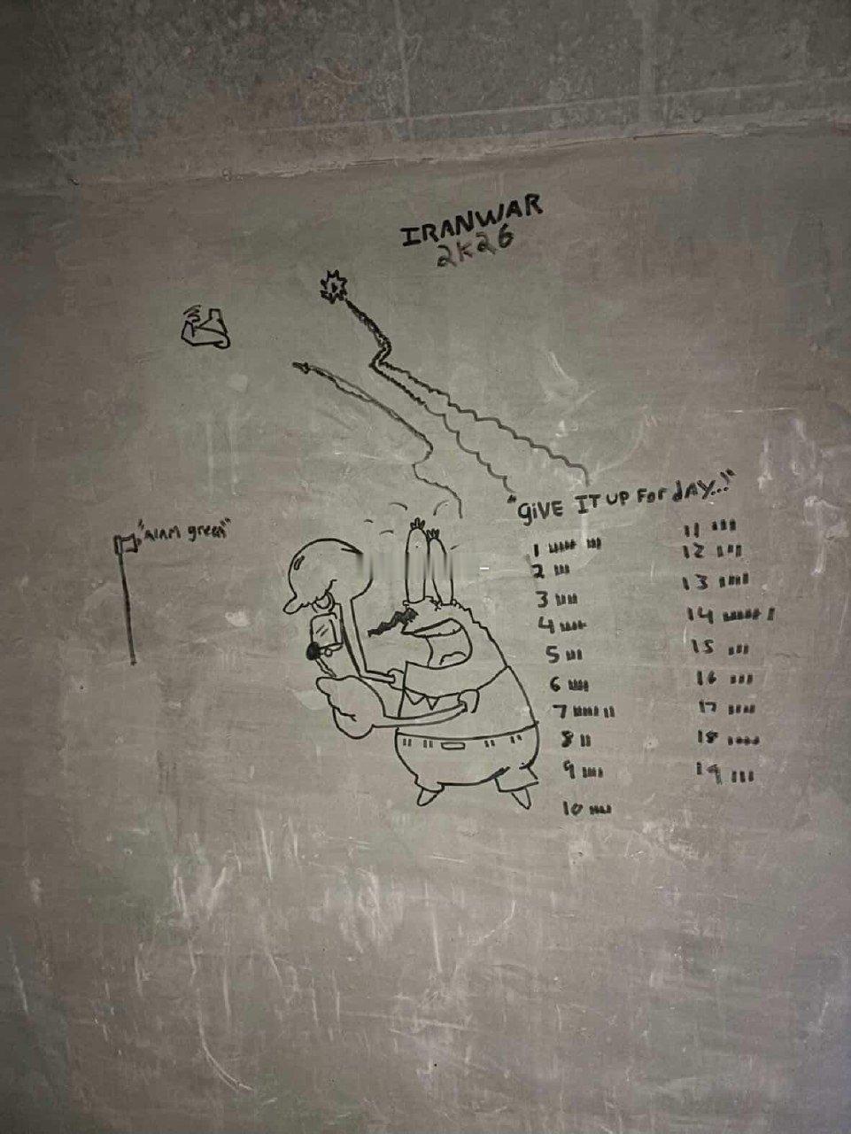美军躲在约旦穆瓦法克·萨尔蒂空军基地掩体里的涂鸦，蟹老板在数着伊朗攻击的空袭警报