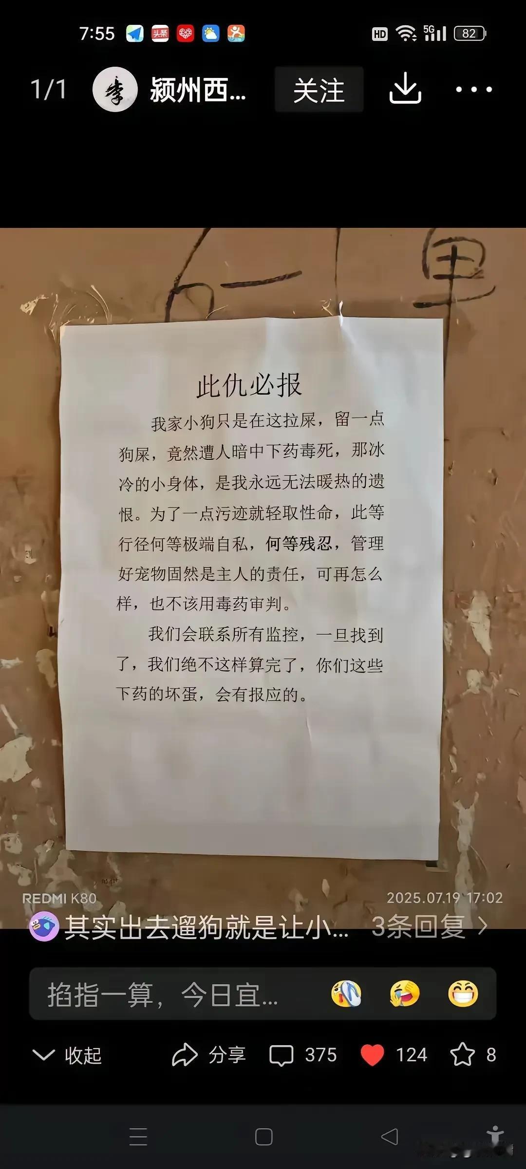 小狗在单元楼道乱拉屎，遭到邻居记恨，小狗被人下药毒到。这是狗主人贴的告示。

这