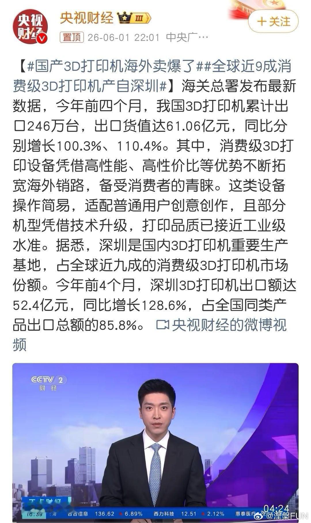 国产3D打印机海外卖爆了 消费级3D打印已成新出口风口，深圳垄断近九成全球民用市