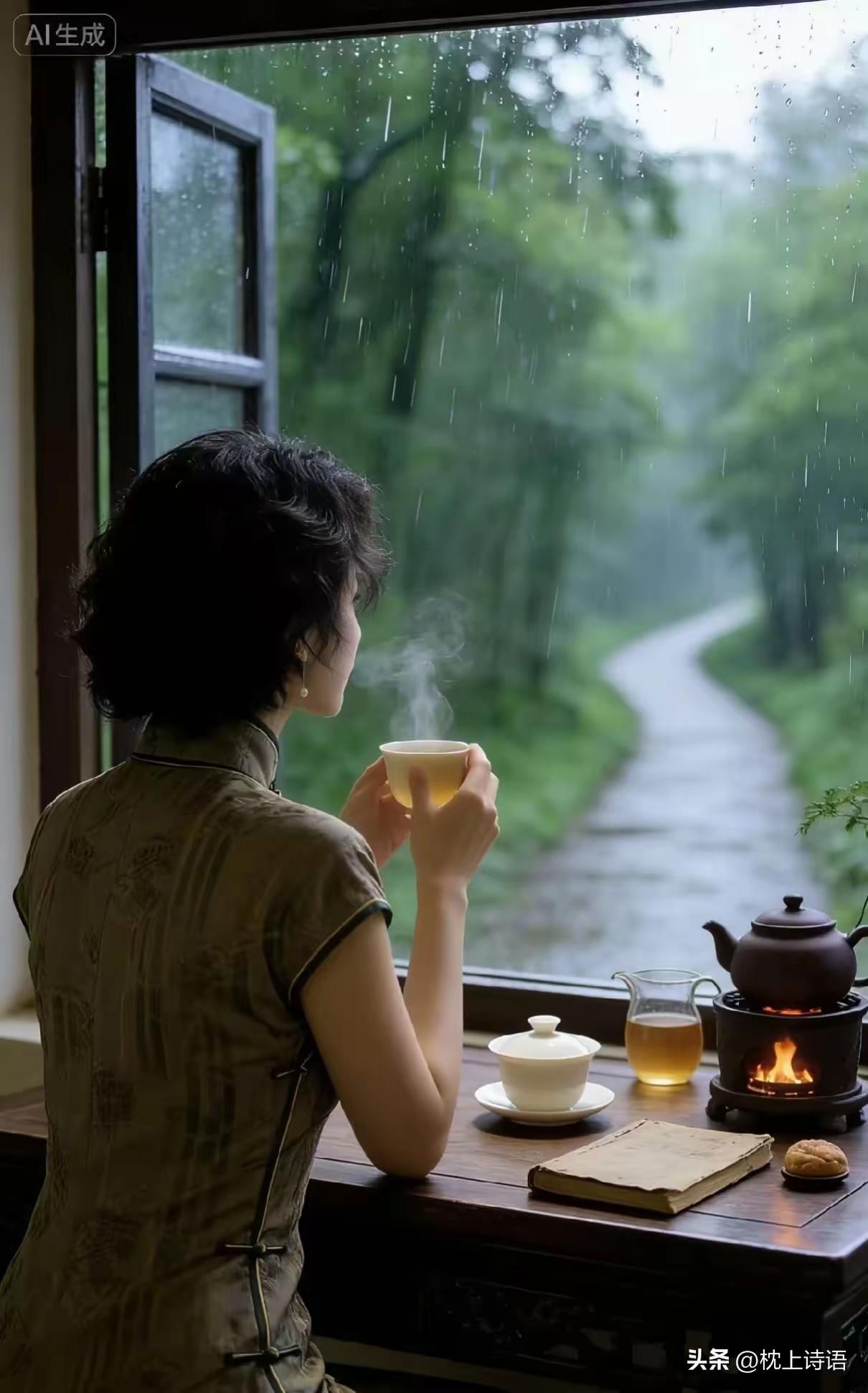 清江引·茶烟入墨
疏雨敲窗织翠霭，
红炉烹新茗。
浮生一刻静，
素袖流年静。
闲