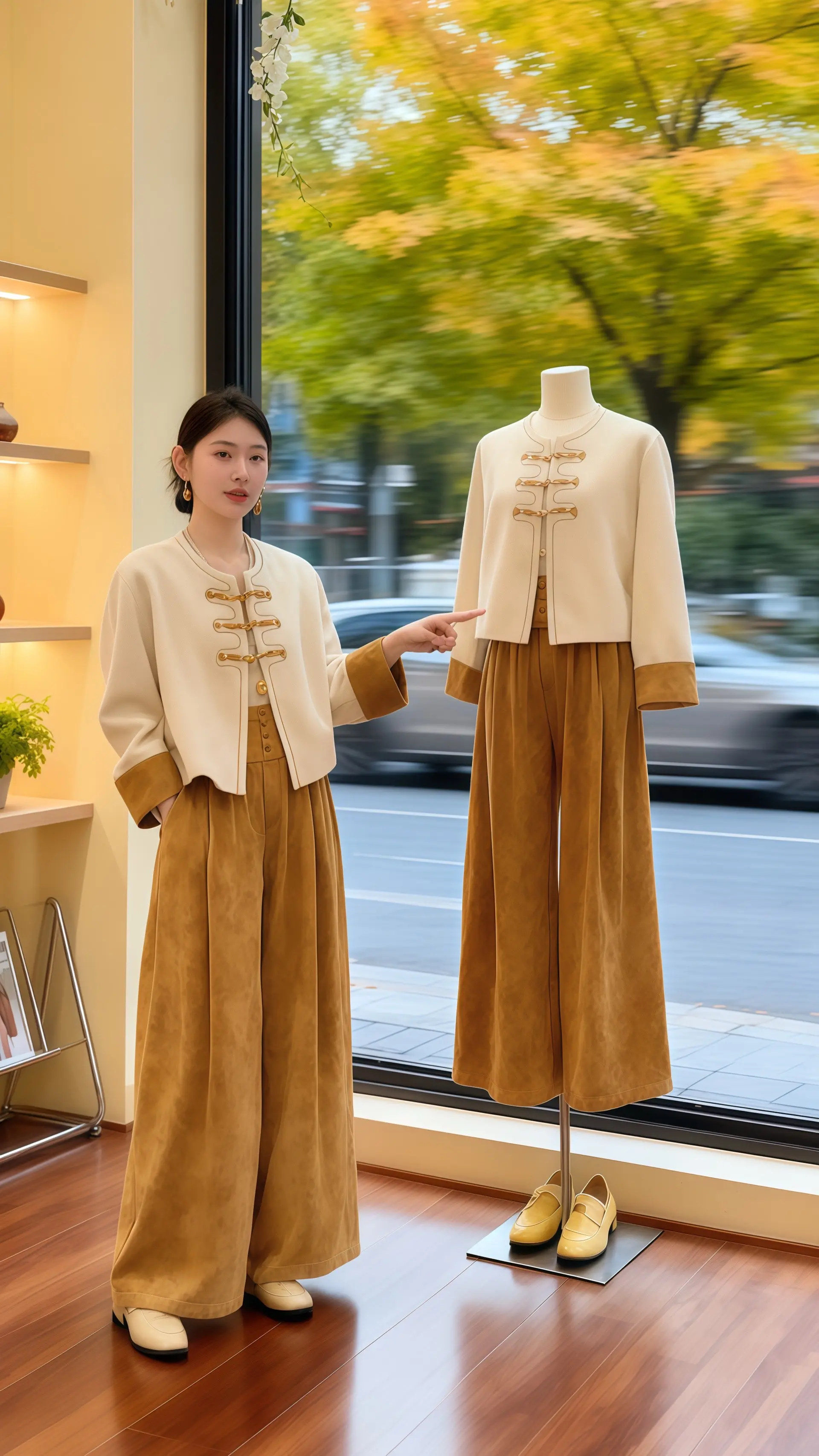 国风与秋的诗意邂逅。她穿着新中式时尚两件套，豆沙粉短款外套上盘扣如古玉...
