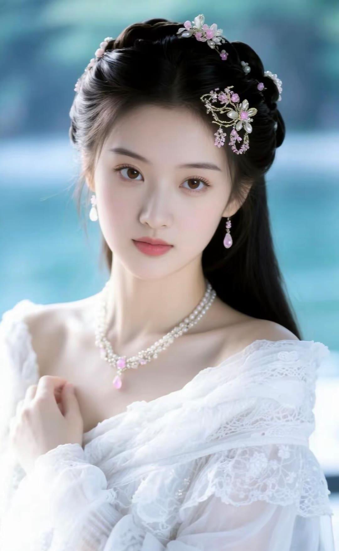 梦幻古风少女，精致发饰与珍珠项链相得益彰，宛如画中仙子。