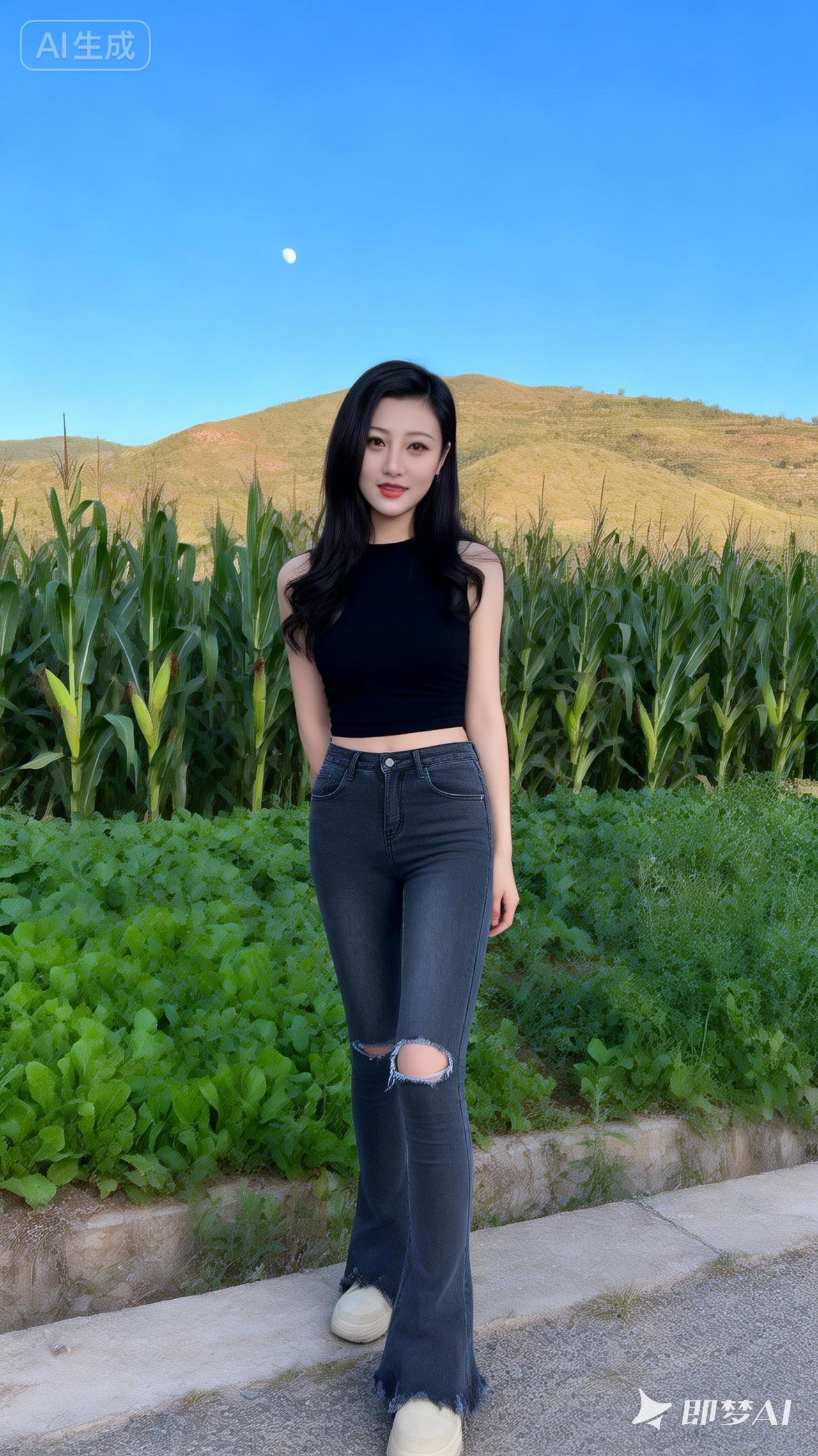 夏日田野风穿搭，黑上衣+破洞牛仔裤，清新自然！🌿👗