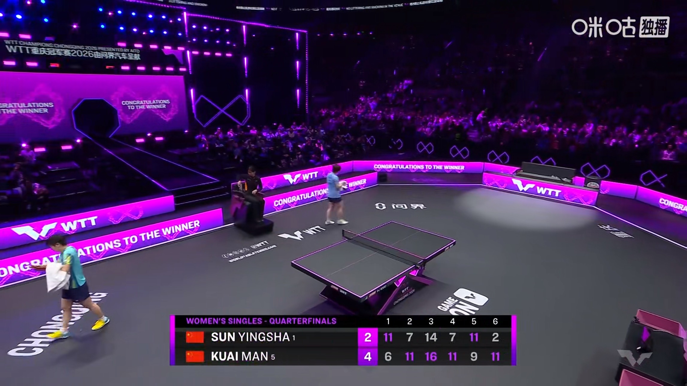 蒯曼4比2孙颖莎(6-11，11-7，16-14，11-7，9-11，11-2)