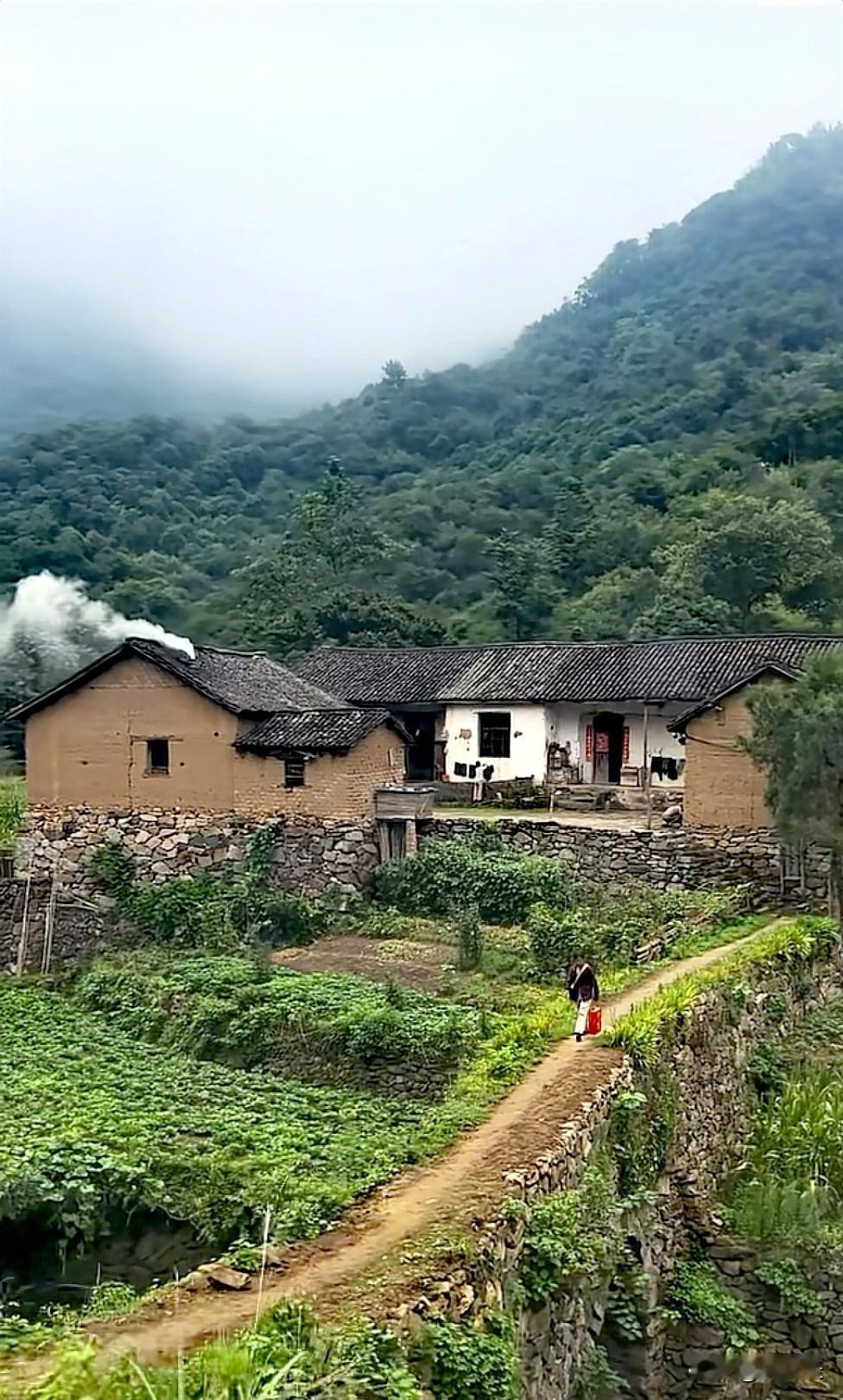 给大家分享一张我在山里拍的照片。照片里，一条山间小路蜿蜒向前，我独自走在上面，四