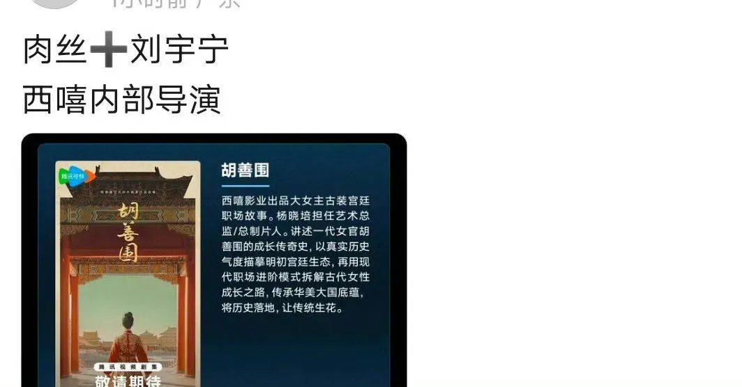 网传赵露思、刘宇宁要三搭《胡善围》了，这部剧是杨晓培的重点项目，你期待两人再次合