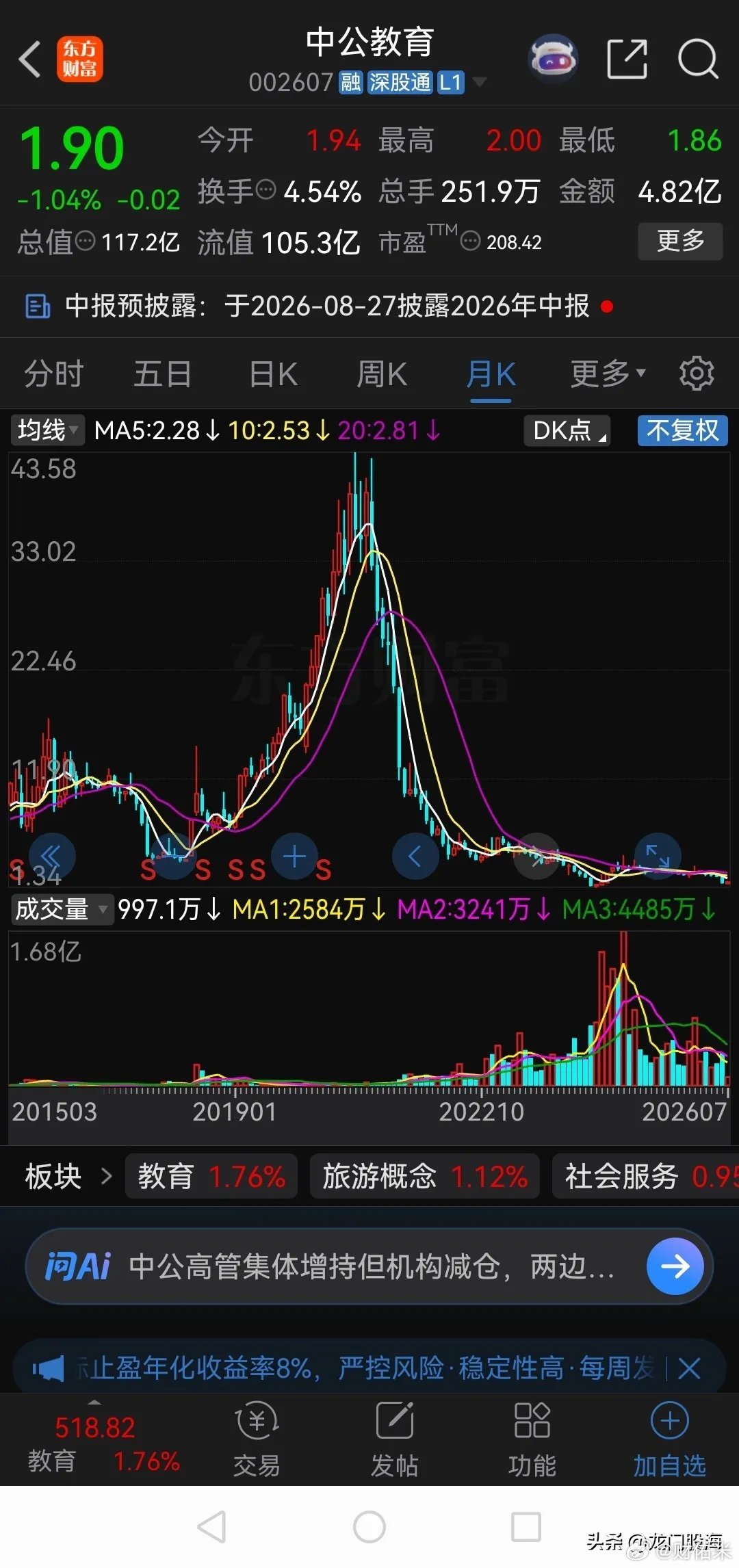 持有中公教育亏损87.43万，亏损率93.41%！简直不可思议，股市里还真有这么