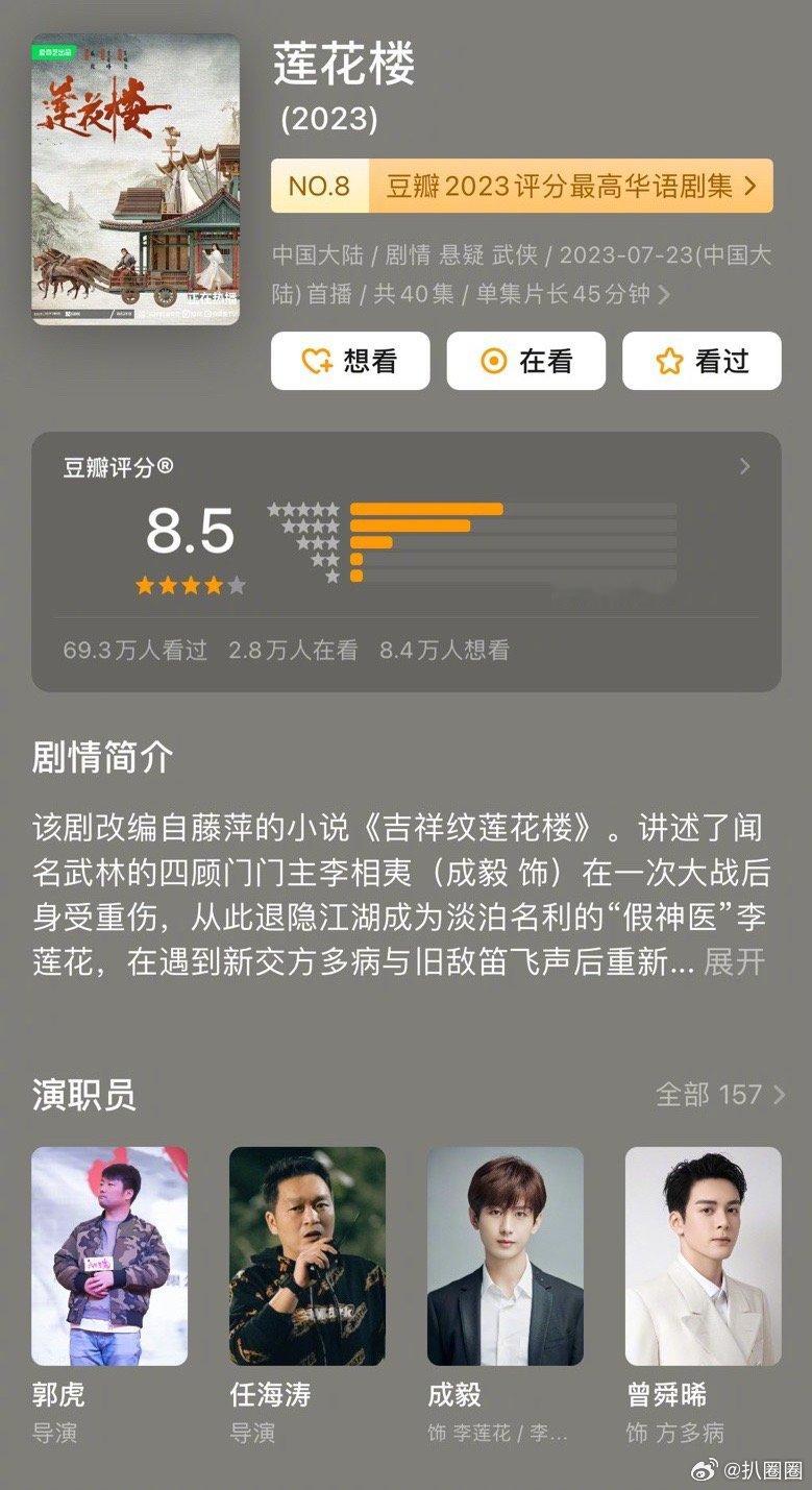 莲花楼豆瓣超70万人打分，成毅实绩+1～ ​​​
