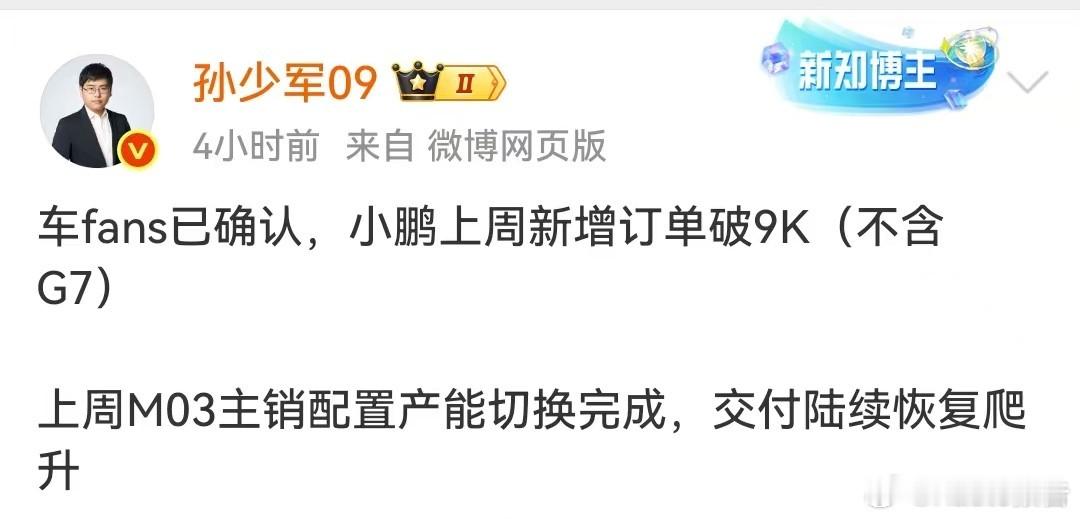小鹏汽车上周新增订单破9000台6月16日，知名博主发布，车fans已确认，小鹏