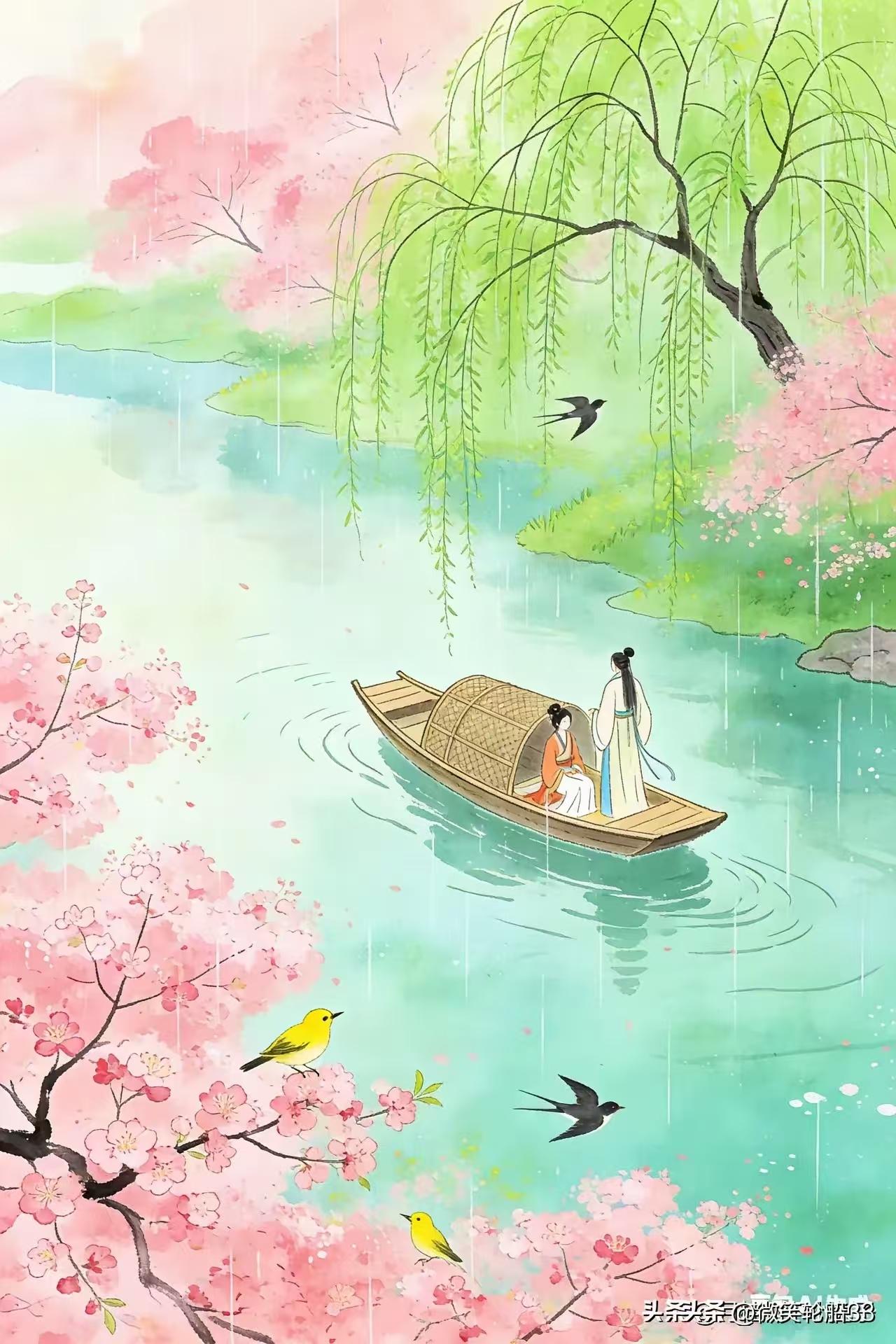 清江引·春湖佳人
杨柳青青燕影翔，
轻舟追鸳鸯。
和风暖日长，
碧水映红妆，
一